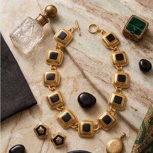 Vintage gold and black evening statement necklace